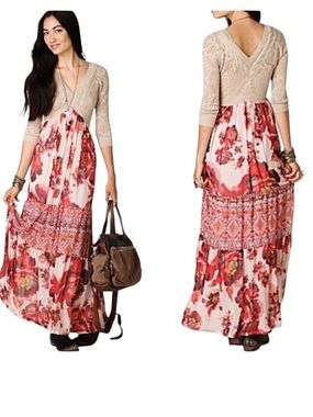 Free People Ethnic Rose Floral Print Tiered Maxi Dress Boho Romantic Size Large